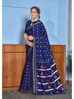 Lush Glam - Blue Printed Pure Mulmul Cotton Saree with Unstitched Blouse