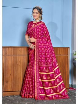 Lush Glam - Pink Printed Pure Mulmul Cotton Saree with Unstitched Blouse