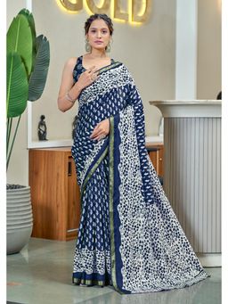 Lush Glam - Blue Printed Pure Mulmul Cotton Saree with Unstitched Blouse