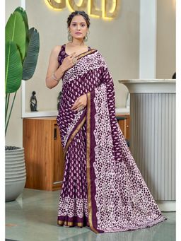 Lush Glam - Wine Printed Pure Mulmul Cotton Saree with Unstitched Blouse