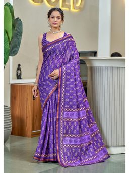 Lush Glam - Purple Printed Pure Mulmul Cotton Saree with Unstitched Blouse