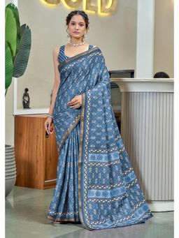 Lush Glam - Teal Printed Pure Mulmul Cotton Saree with Unstitched Blouse