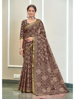 Lush Glam - Brown Printed Pure Mulmul Cotton Saree with Unstitched Blouse