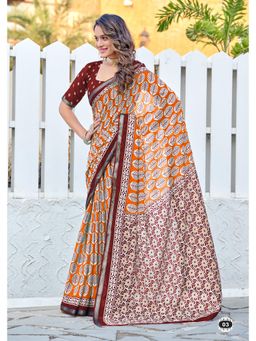 Lush Glam - Orange Printed Pure Mulmul Cotton Saree with Unstitched Blouse