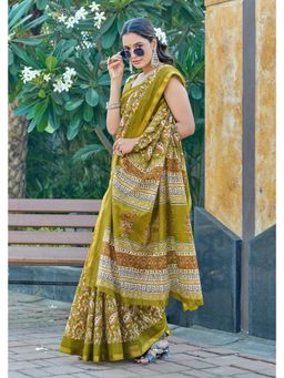 Lush Glam - Green Printed Pure Mulmul Cotton Saree with Unstitched Blouse