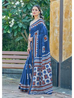 Lush Glam - Blue Printed Pure Mulmul Cotton Saree with Unstitched Blouse