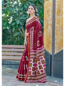 Lush Glam - Maroon Printed Pure Mulmul Cotton Saree with Unstitched Blouse