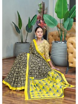 Lush Glam - Black Printed Pure Mulmul Cotton Saree with Unstitched Blouse