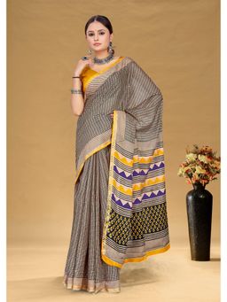 Lush Glam - Black Printed Pure Mulmul Cotton Saree with Unstitched Blouse