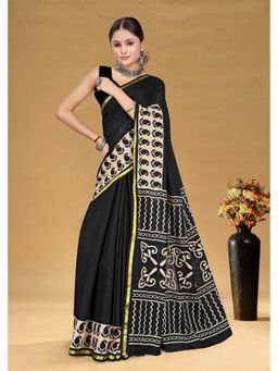 Lush Glam - Black Printed Pure Mulmul Cotton Saree with Unstitched Blouse