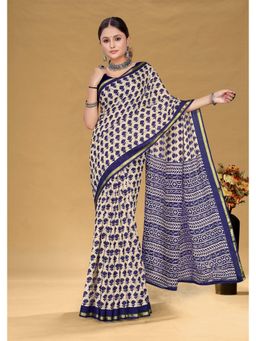 Lush Glam - Beige Printed Pure Mulmul Cotton Saree with Unstitched Blouse
