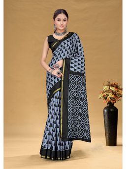 Lush Glam - Grey Printed Pure Mulmul Cotton Saree with Unstitched Blouse