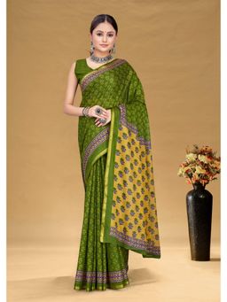 Lush Glam - Green Printed Pure Mulmul Cotton Saree with Unstitched Blouse