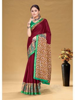 Lush Glam - Maroon Printed Pure Mulmul Cotton Saree with Unstitched Blouse