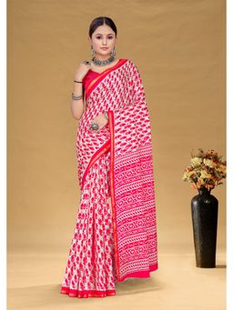 Lush Glam - Pink Printed Pure Mulmul Cotton Saree with Unstitched Blouse