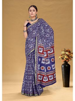 Lush Glam - Blue Printed Pure Mulmul Cotton Saree with Unstitched Blouse