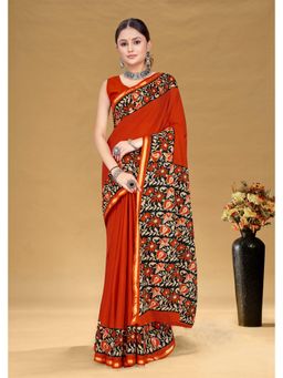 Lush Glam - Red Printed Pure Mulmul Cotton Saree with Unstitched Blouse