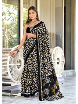 Lush Glam - Black Printed Mulmul Cotton Saree with Unstitched Blouse