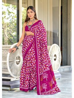 Lush Glam - Pink Printed Mulmul Cotton Saree with Unstitched Blouse
