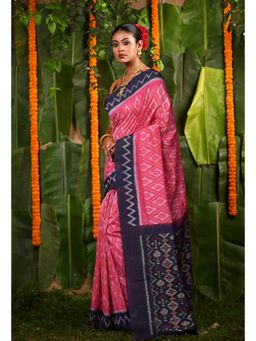 Unnati Silks - Pink Navy Blue Pochampally Mercerized Saree with Unstitched Blouse