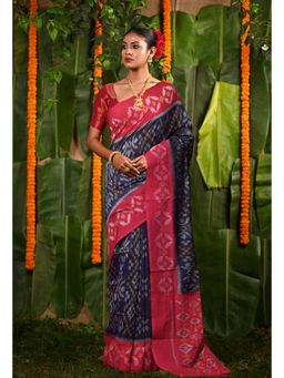 Unnati Silks - Navy Blue Pink Pochampally Mercerized Saree with Unstitched Blouse