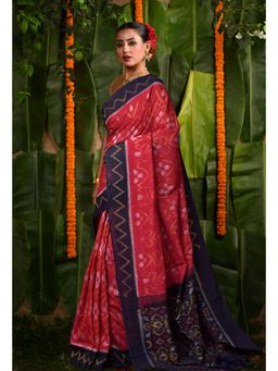 Unnati Silks - Pink Navy Blue Pochampally Mercerized Saree with Unstitched Blouse