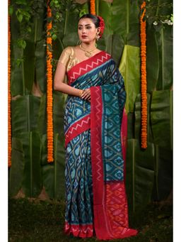 Unnati Silks - Peacock Blue Pink Pochampally Saree with Unstitched Blouse