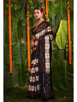 Unnati Silks - Black Cream Pochampally Mercerized Saree with Unstitched Blouse