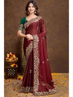 SGF11 - Maroon Silk Embroidery Work Saree with Unstitched Blouse