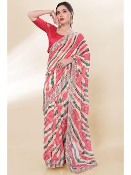 SGF11 - Red-Black Printed Embroidery Work Saree with Unstitched Blouse