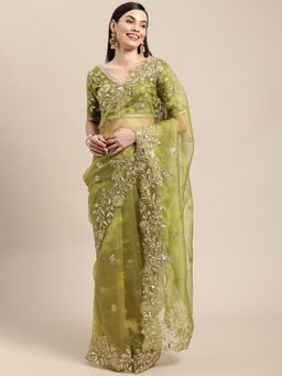 SGF11 - Mahendi Green Organza Silk Embroidery Saree with Unstitched Blouse