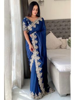 SGF11 - Dark Blue Chinon Silk Embroidery Work Saree with Unstitched Blouse