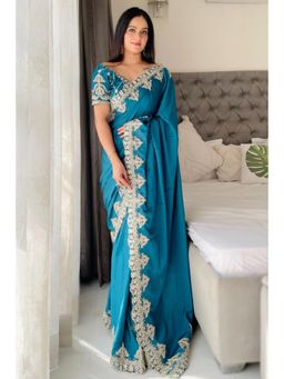 SGF11 - Light Blue Chinon Silk Embroidery Work Saree with Unstitched Blouse