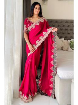 SGF11 - Pink Chinon Silk Embroidery Work Saree with Unstitched Blouse