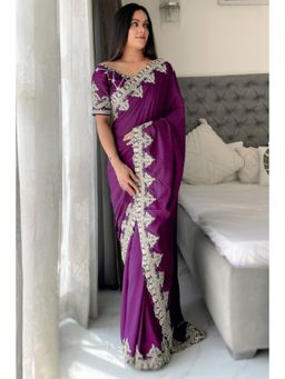 SGF11 - Wine Chinon Silk Embroidery Work Saree with Unstitched Blouse