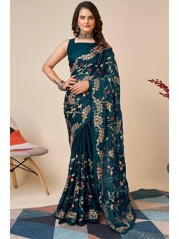 SGF11 - Rama Blue Rangoli Silk Embroidery Work Saree with Unstitched Blouse