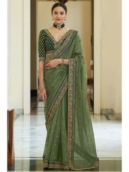 SGF11 - Green Organza Silk Embroidery Work Saree with Unstitched Blouse