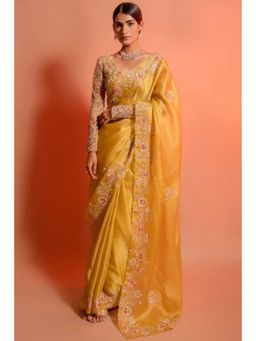 SGF11 - Yellow Organza Silk Embroidery Work Saree with Unstitched Blouse
