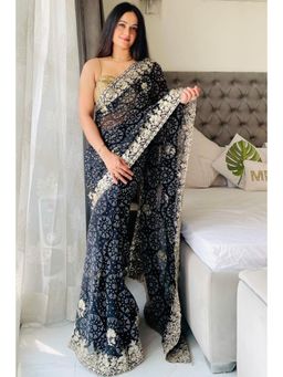 SGF11 - Black Georgette Embroidery Work Saree with Unstitched Blouse
