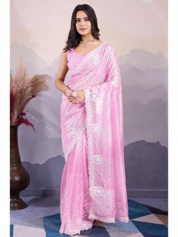 SGF11 - Light Pink Net Embellished Work Saree with Unstitched Blouse