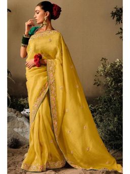 SGF11 - Yellow Chinon Silk Embroidery Work Saree with Unstitched Blouse