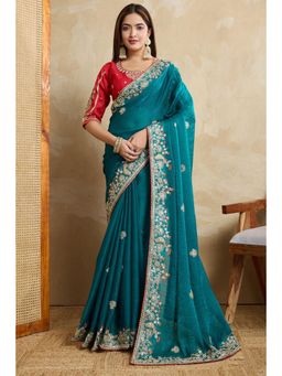 SGF11 - Blue Fendy Chiffon Silk Embroidery Work Saree with Unstitched Blouse