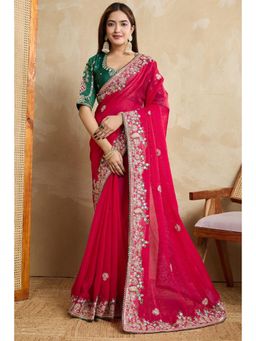 SGF11 - Pink Fendy Chiffon Silk Embroidery Work Saree with Unstitched Blouse