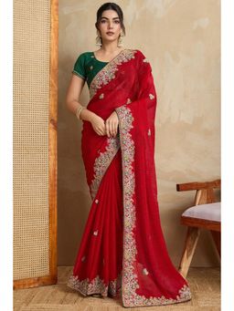 SGF11 - Red Fendy Chiffon Silk Embroidery Work Saree with Unstitched Blouse