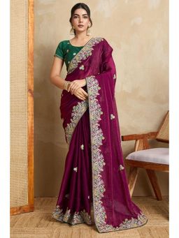 SGF11 - Wine Fendy Chiffon Silk Embroidery Work Saree with Unstitched Blouse