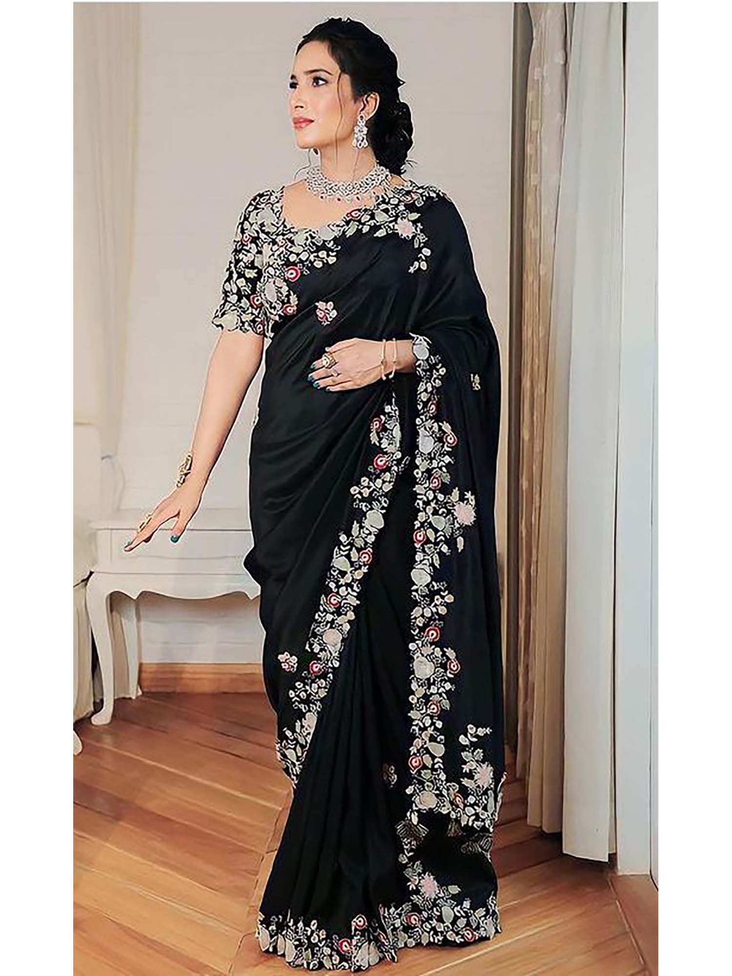 Black Georgette Embroidery Work Saree with Unstitched Blouse-image-6