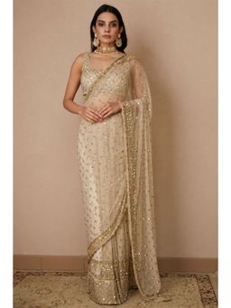 SGF11 - Beige Soft Net Embellished Work Saree with Unstitched Blouse