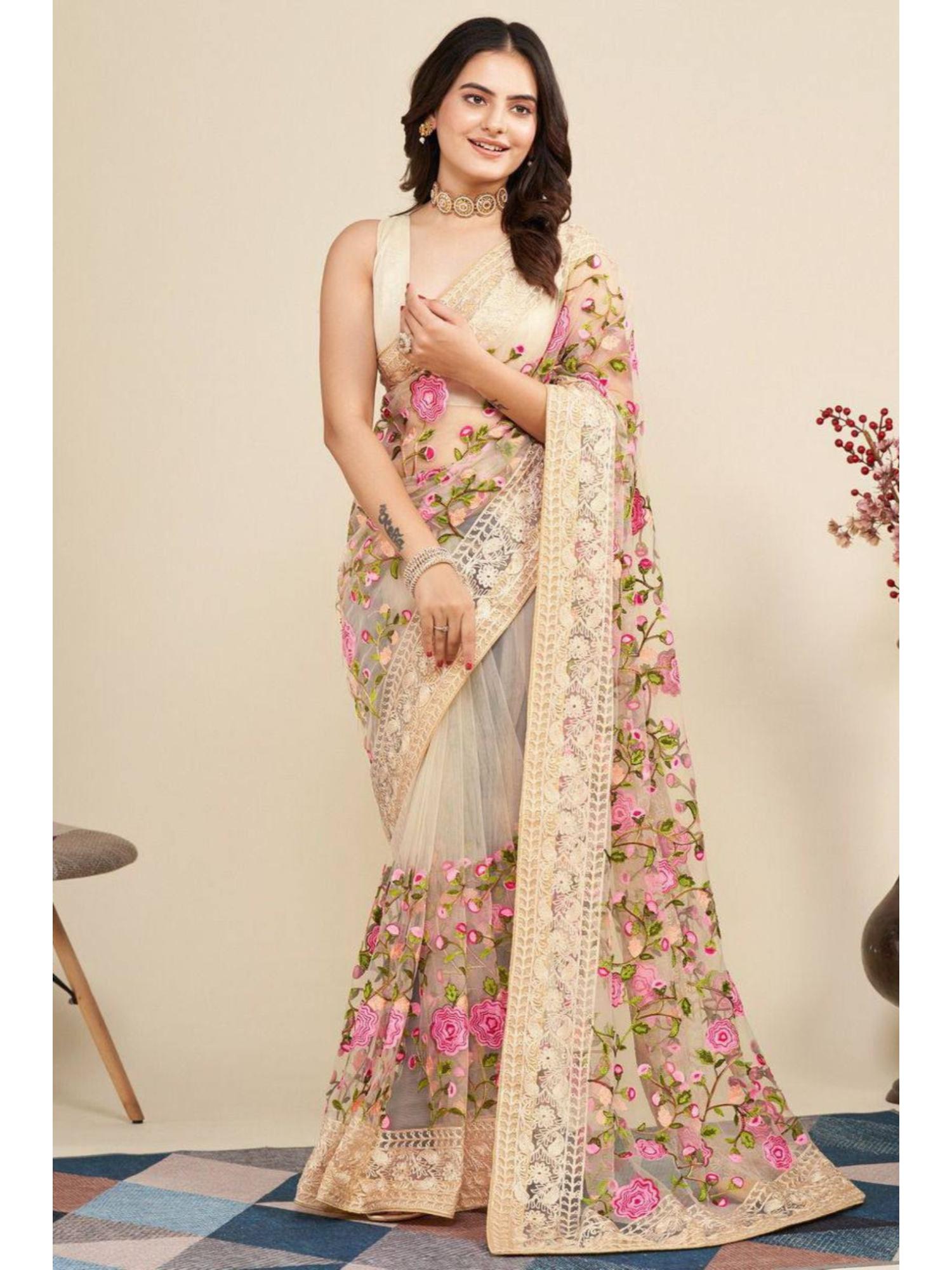 Cream Soft Net Embroidery Work Saree with Unstitched Blouse-image-6