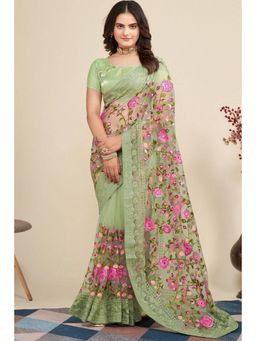 SGF11 - Light Green Soft Net Embroidery Work Saree with Unstitched Blouse