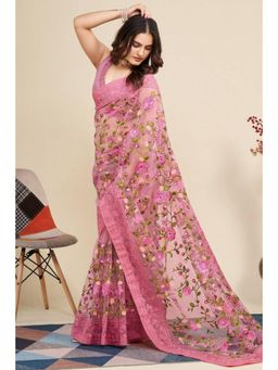 SGF11 - Pink Soft Net Embroidery Work Saree with Unstitched Blouse